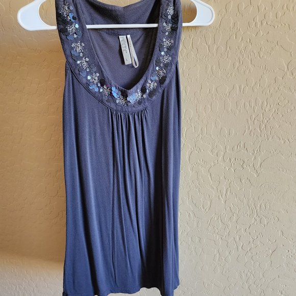 Kische Tops - Kische Gray Sequin Beaded Dressy Soft Lightweight LARGE Tank Top Shirt
